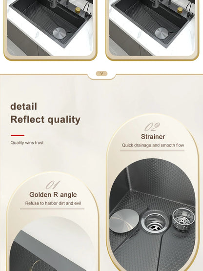 Waterfall Sink Kitchen Stainless Steel Topmount Sink Embossed Large Single Slot Wash Basin With Multifunction Tank Low Price