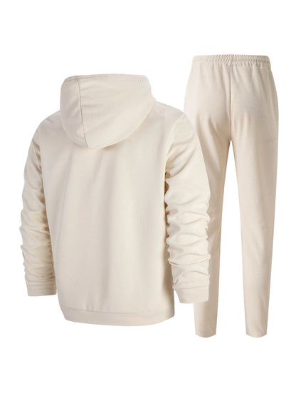 Men's Autumn Waffle Solid Color Hooded Half-Zipper Drawstring Long-Sleeved Sweatshirt And Long Pants Set Casual Comfortable Outf.