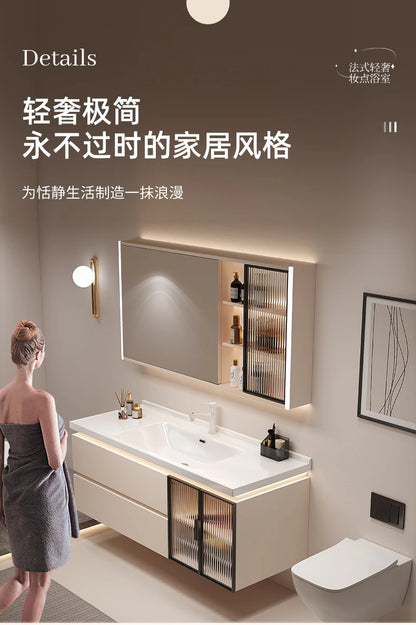 Cremefarbener Wind-Badezimmerschrank, integriertes Waschbecken aus Keramik, WC-Waschbecken-Kombination