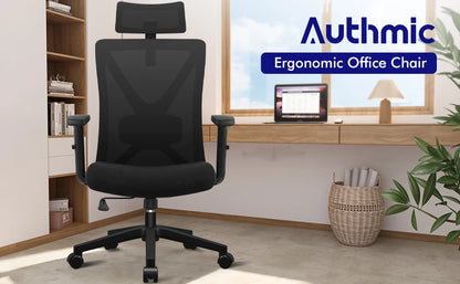 AUTHMIC Ergonomischer Bürostuhl mit Netzrücken, 5D-Lendenwirbelstütze, Liegestuhl 90–135 ° , Verstellbare Armlehne und Kopfstütze für das Heimbüro