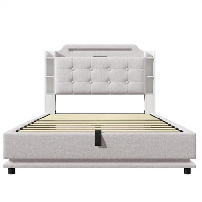 140*200cm Polsterbett mit LED-Lichtleiste und mehreren Ablagefächern, für Schlafzimmerwäsche, Beige (ohne Matratze)