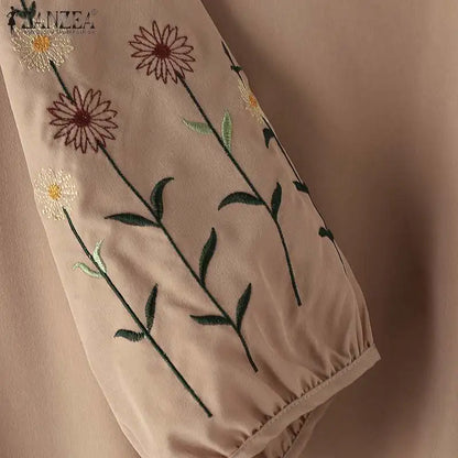 ZANZEA Fashion Women 3/4 Sleeve Embroidery Blouse Pants Sets Autumn 2PCS Floral Tracksuit Casual Loose Wide Leg Trousers Suits.