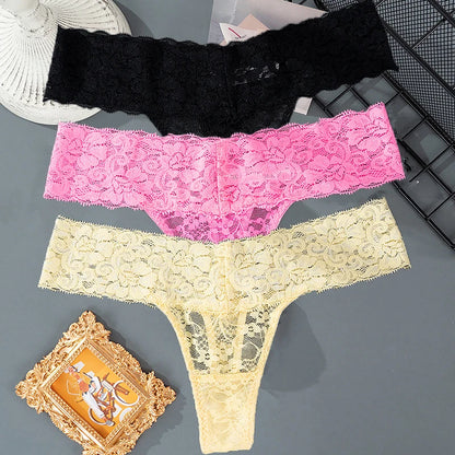 3PCS Lace Floral Women Panties Low Waist Breathable Briefs Female Thong Underwear M-2XL Solid Sexy G-String Transparent Panty.