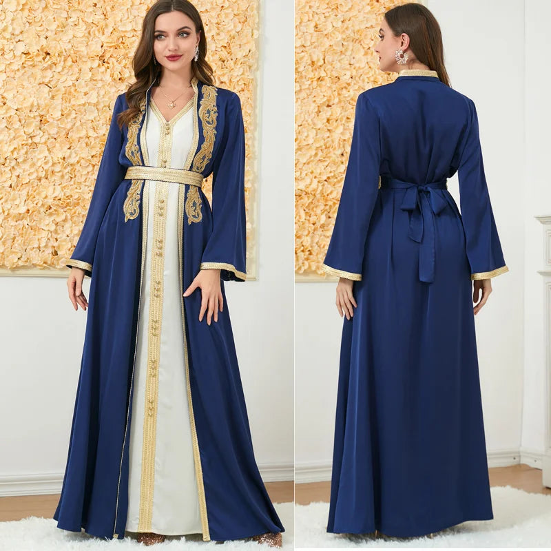 Maßgeschneiderte muslimische Sets, elegante muslimische Frauen, Sommer, langärmelig, V-Ausschnitt, Polyester, lila, 2-teiliges Kleid, Mantel, passende Sets, Muslim.