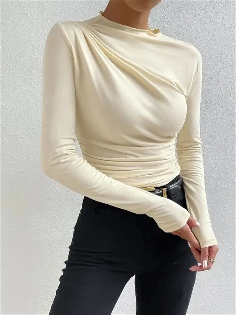 Slim Fit Long Sleeve Women's T-shirt Pure Color Design Pleated Detail Base Shirt Ladies Top Quality Material Comfortable Wear.