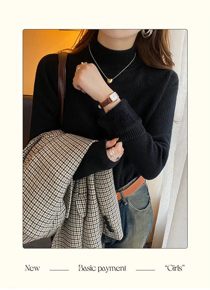 Women's Turtleneck Sweater Winter 2025 Retro with Velvet Lining Thickened Inner Wear Thermal Knitting Bottoming Shirt Pullovers