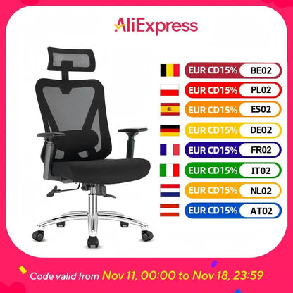 Durrafy Ergonomischer Bürostuhl, Schreibtischstuhl mit Kopfstütze, Armlehnen, Drehstühle mit 90er ° -130 °   Liegefunktion (abschließbar)