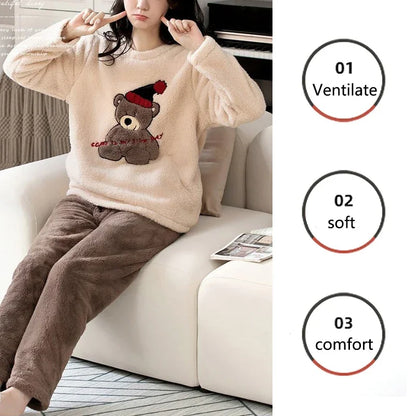 Thickened Warm Large Size Padded Fall and Winter Women's Pajamas Top and Pants Set Coral Velvet Ladies Cartoon Bear 2PCS/Set.