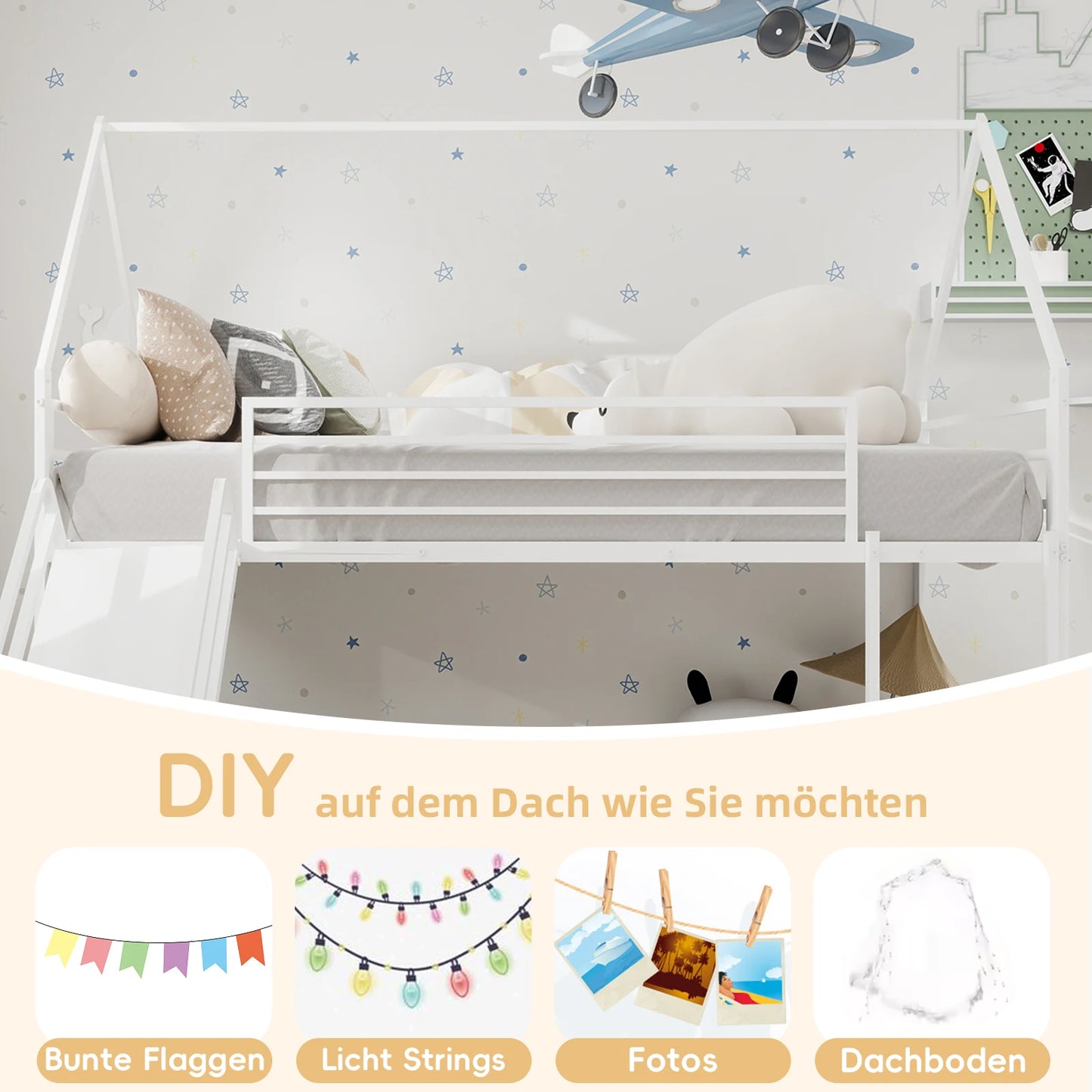 Twin Over Twin Etagenbett mit Rutsche für Kinderzimmer, hausförmiges Bettgestell mit Leiter, kein Boxspringbett erforderlich und einfach zu installieren