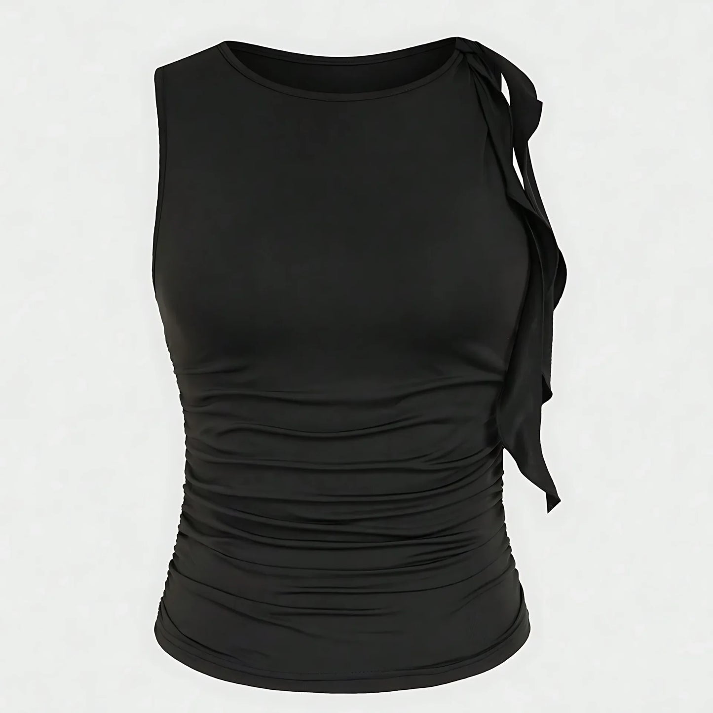 Slim Fit Basic Style Sleeveless round Neck Wrap Single Shoulder Vest Summer Waist Pleated Design Sexy Collarless Tank Top.