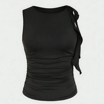 Slim Fit Basic Style Sleeveless round Neck Wrap Single Shoulder Vest Summer Waist Pleated Design Sexy Collarless Tank Top.