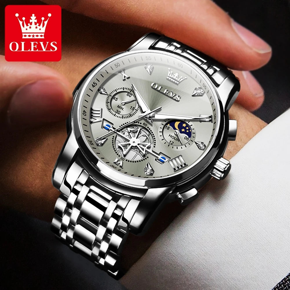 OLEVS Men's Watches Classic Multifunctional Fltwheel Chronograph Original Quartz Wristwatch Moon Phase 24 Hour Waterproof reloj.