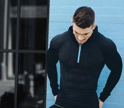 Men's Quick Dry Breathable Slim Fit Elastic Hooded Zipper Long Sleeve Fitness T-Shirt for Gym Sports Casual.