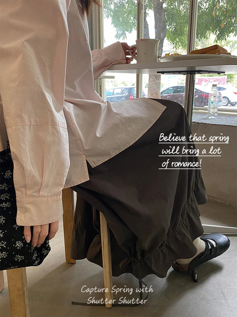 Vintage Black Midi Skirt Women Japanese Harajuku Drawstring Bud Skirts Summer Streetwear Korean Casual Design A Line Faldas New