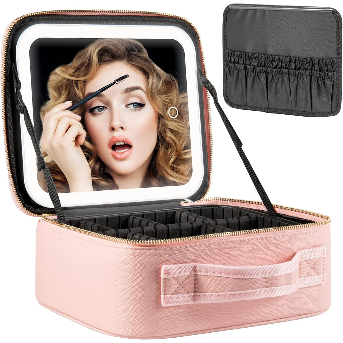 Makeup Bag with LED Mirror Travel Large Train Case Cosmetic Organizer Make Up Bags with 3 Color Lights and Adjustable Dividers.