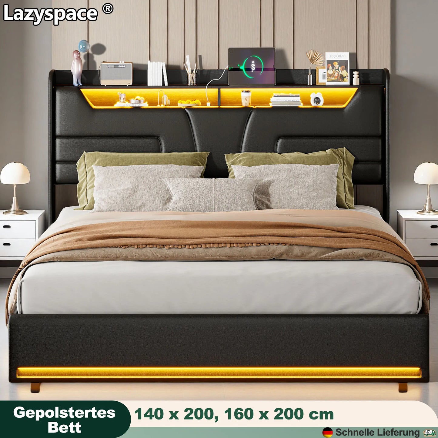 Lazyspace Modernes schwarzes PU-Polsterbett, Doppelbettrahmen, hydraulisches Bett mit Stauraum, LED-Beleuchtung und integrierter Steckdose