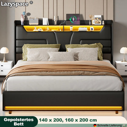 Lazyspace Modernes schwarzes PU-Polsterbett, Doppelbettrahmen, hydraulisches Bett mit Stauraum, LED-Beleuchtung und integrierter Steckdose
