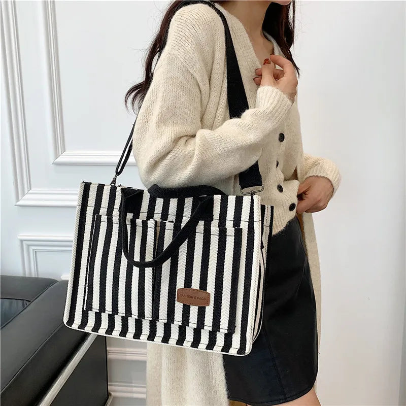 Cool Street Handbag, Large Capacity Women's Shoulder Bag, Trendy Striped Canvas Crossbody Bag, Fashion Travel Shopping Tote Bag.