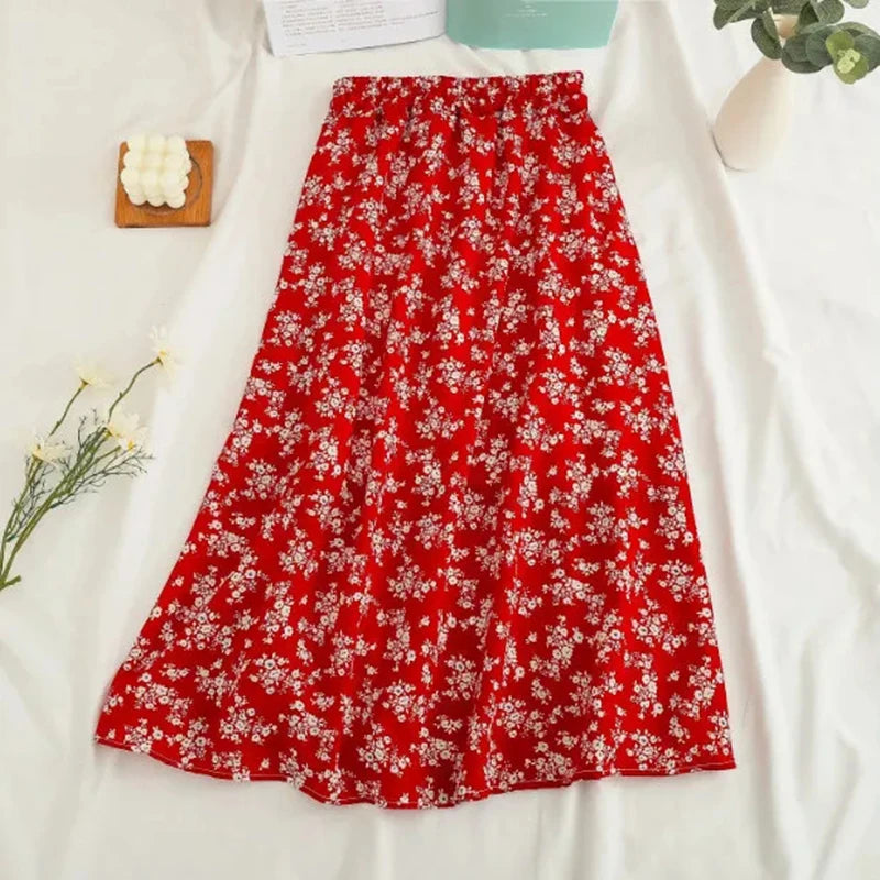 Gidyq Women Chiffon Midi Skirt Korean Fashion Floral Loose Skirts High Waist Female Casual All Match A Line Skirts Summer New.