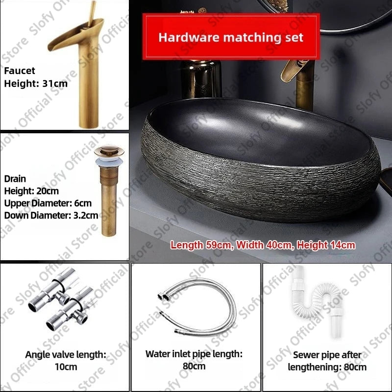 Retro-Kunst-Keramikwaschbecken, mehrere Stile, schwarzes Waschbecken, Einzelschüssel, Low-Key-Luxus-Aufsatzwaschbecken für Haushalt, Hotel, Badezimmer