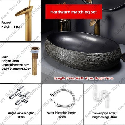 Retro-Kunst-Keramikwaschbecken, mehrere Stile, schwarzes Waschbecken, Einzelschüssel, Low-Key-Luxus-Aufsatzwaschbecken für Haushalt, Hotel, Badezimmer