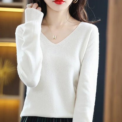 Herbst Winter Frauen Pullover 2025, Koreanische Mode Strickwaren Warme Lange Hülse V-ausschnitt Stricken Pullover Slim Fit Bodenbildung Shirt Jumper