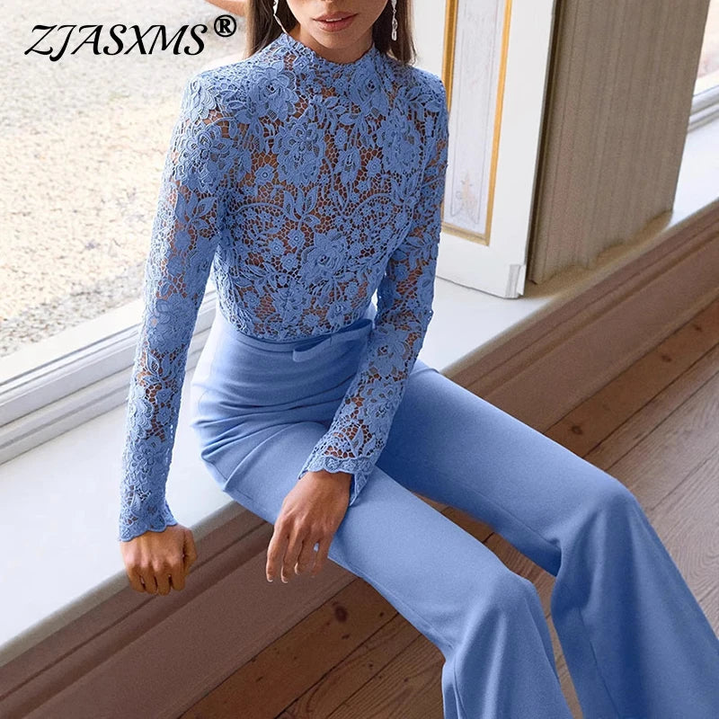 Jacquard Lace High-waisted Women Jumpsuit Embroidery Crochet Office Straight Playsuit Sexy See Through Hollow Flare Pants Romper.
