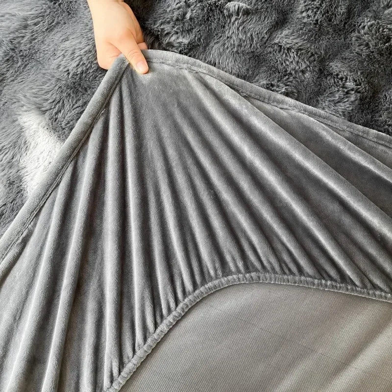 Fluffy Plush Fitted Bed Sheet Solid Color Long Hair Fleece Bed Cover For Double Bed fundas de colchón Winter Warm Mattress Cover.