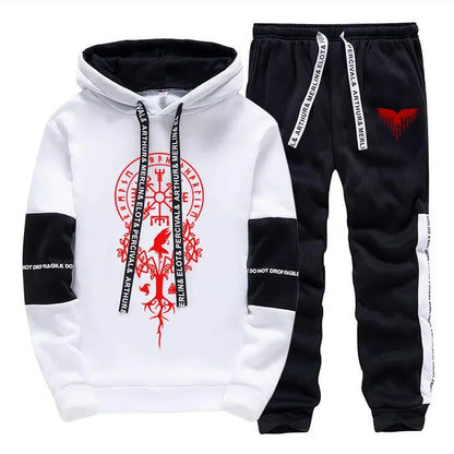 2025 Trendy Mens Tracksuit Hooded Sweatpants Viking Raven Print Autumn Winter Casual Sportswear Jogging Outfit Clothes for Man.