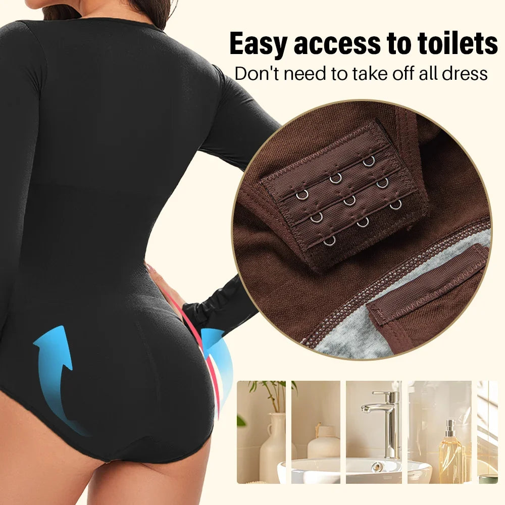 POKARLA Spandex Elastic Body Suit Shapewear Women Body Shaper Tummy Control Long Sleeve Open Crotch Round Neck Seamless Shapers.