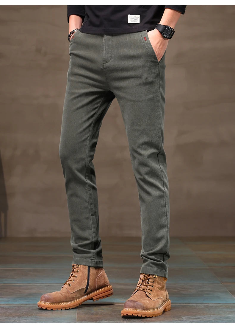 Men's Business Casual Pants Stretch Slim Fit Straight Semi-elastic Waist Trousers Solid Classic Office Work Male Clothing