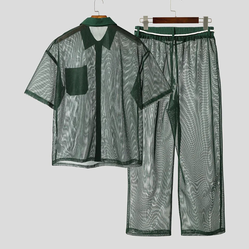 INCERUN Men Sets Mesh Patchwork See Through Sexy Short Sleeve Shirts & Pants Two Pieces Sets Streetwear 2025 Men's Casual Suits