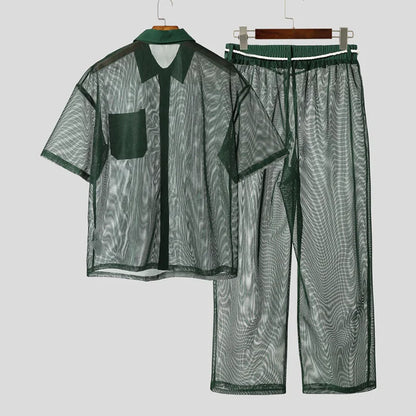 INCERUN Men Sets Mesh Patchwork See Through Sexy Short Sleeve Shirts & Pants Two Pieces Sets Streetwear 2025 Men's Casual Suits