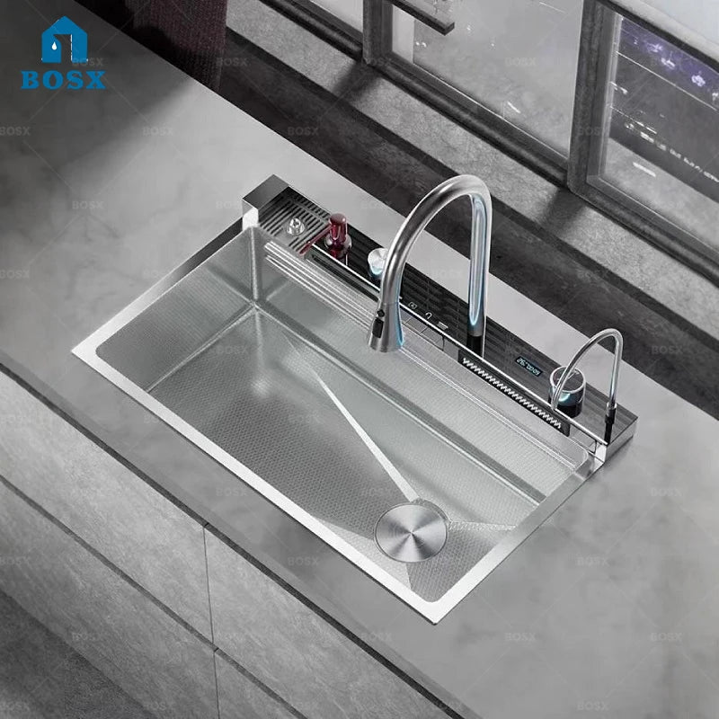 Wasserfall-Edelstahl-Küchenspüle, multifunktionale Digitalanzeige, Wasserhahn, Waschbecken und Gemüsebecken, großer Einzelschlitz