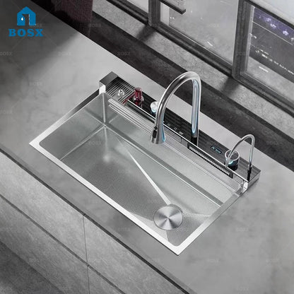 Wasserfall-Edelstahl-Küchenspüle, multifunktionale Digitalanzeige, Wasserhahn, Waschbecken und Gemüsebecken, großer Einzelschlitz