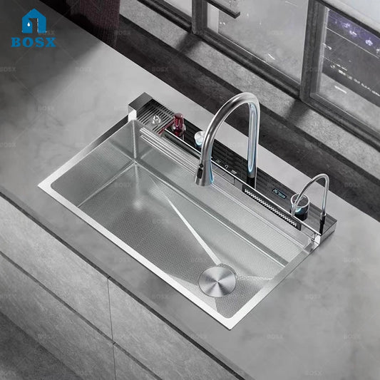 Wasserfall-Edelstahl-Küchenspüle, multifunktionale Digitalanzeige, Wasserhahn, Waschbecken und Gemüsebecken, großer Einzelschlitz