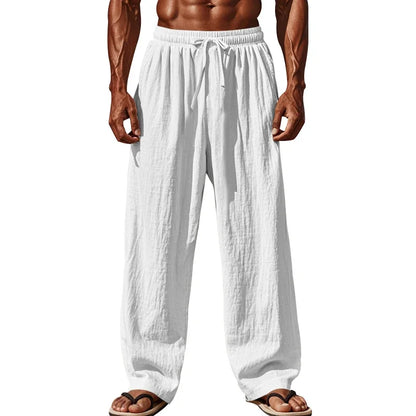 Men's Linen Casual Pants Elastic Waist Beach Pants Lightweight Drawstring Summer Yoga Pants Solid Color Beach Pants