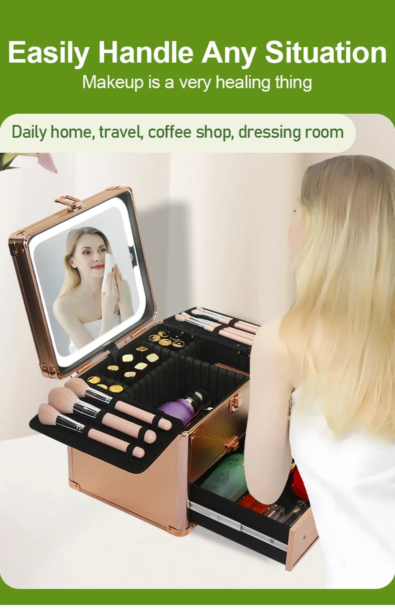 Large Capacity Makeup Case with LED Mirror Multiple Size Options Cosmetic Box LED Mirror Makeup Storage Box for Beauty Salons.