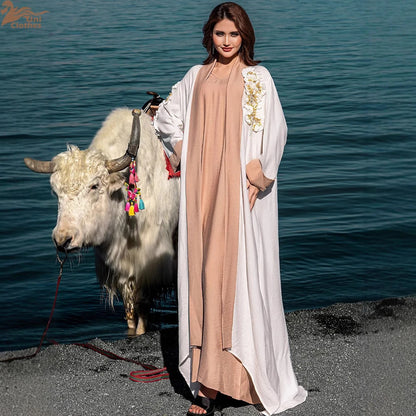 Ramadan Eid White Kimono 2 Piece Abaya Damen Dubai Luxury Set Islam Muslim Modest Dress Women Kebaya Kaftan Robe Femme Musulman.