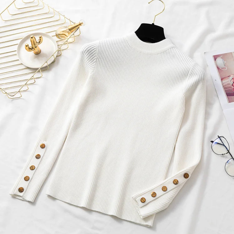 2025 Female Slim Knitted Soft Jumper Tops Autumn Winter Women Casual Sweater Pullovers Button Long Sleeve O-neck Chic Sweater.