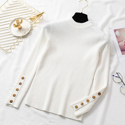 2025 Female Slim Knitted Soft Jumper Tops Autumn Winter Women Casual Sweater Pullovers Button Long Sleeve O-neck Chic Sweater.