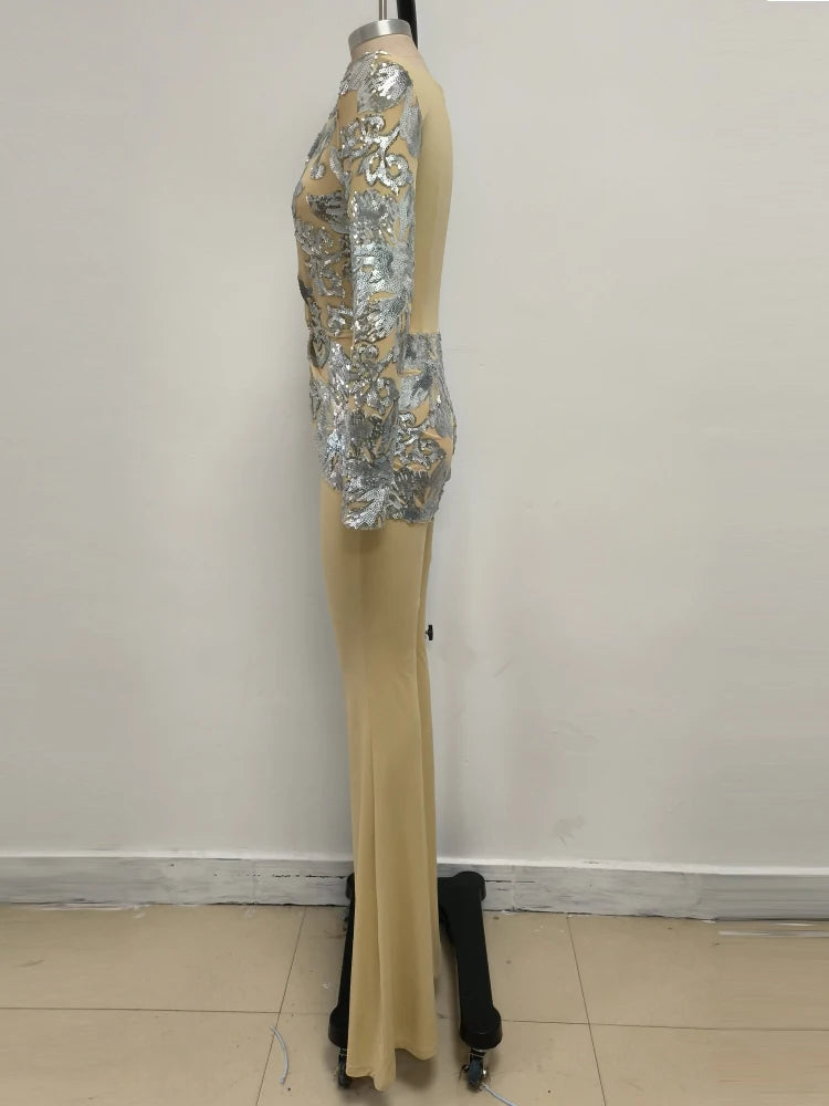 Sexy Deep V Neck Sparkly Diamonds Design Jumpsuit Women Long Sleeve Draped Wide Leg Jumpsuit Elegant Evening Club Costume Runway