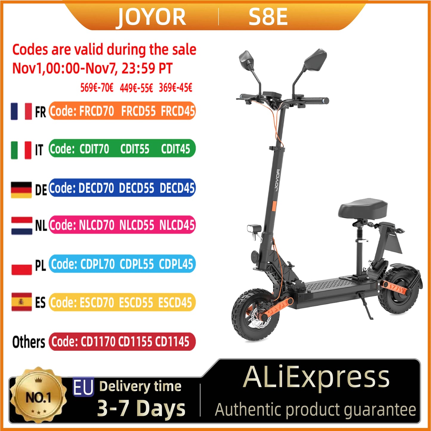 JOYOR S8E Electric Scooter, 800W Motor 48V 26AH Battery Adult E-Scooter 10 Inch Tires, 45km/h Max Speed Front & Rear Disc Brake.