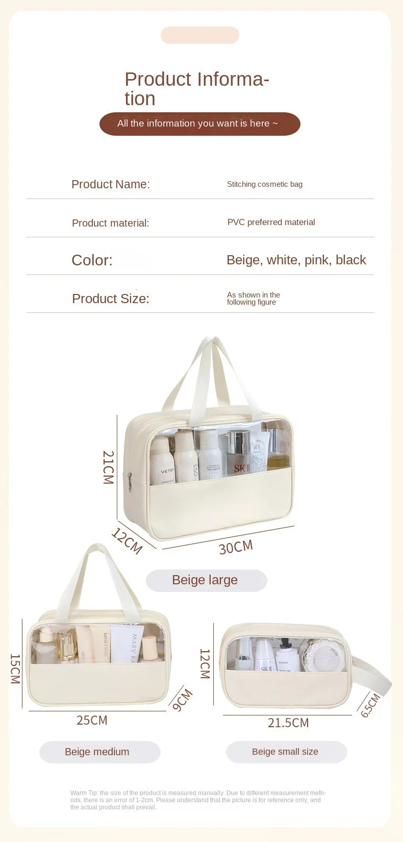 Waterproof Cosmetic Bag Portable Portable Cosmetic Storage Bag Large Capacity Pu Transparent Wash Bag Travel Storage Bag.