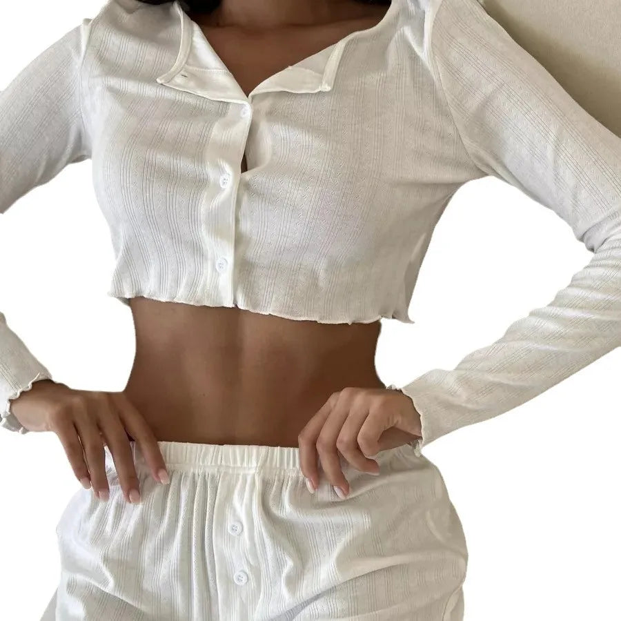 Spring and Autumn New Ladies Sexy Pajamas Homewear Suit Knitted Design Sense Containing Cotton Long-Sleeved Long Pants Suit.