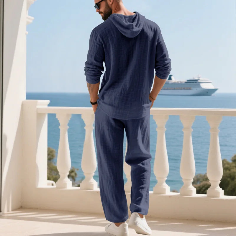 Cross-border Autumn Linen Men's Casual Suit Loose Hooded Henley Shirt Long Sleeve Pants Suit.