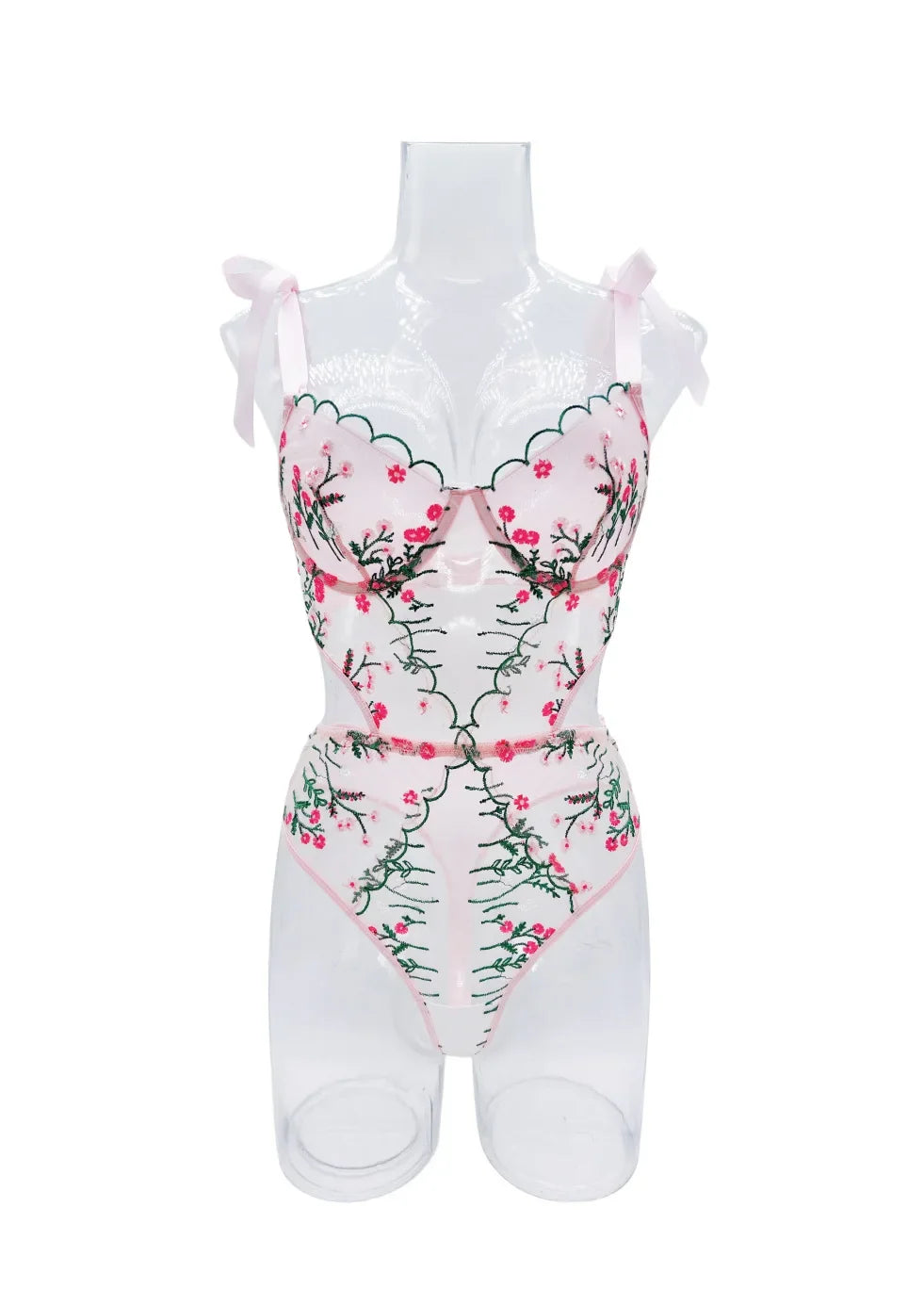 Sexy Pink Floral Embroidery Lingerie Bodysuit Hollow Out Strap Bow Tie Underwear Playsuit Backless Patchwork Mesh Erotic Romper.