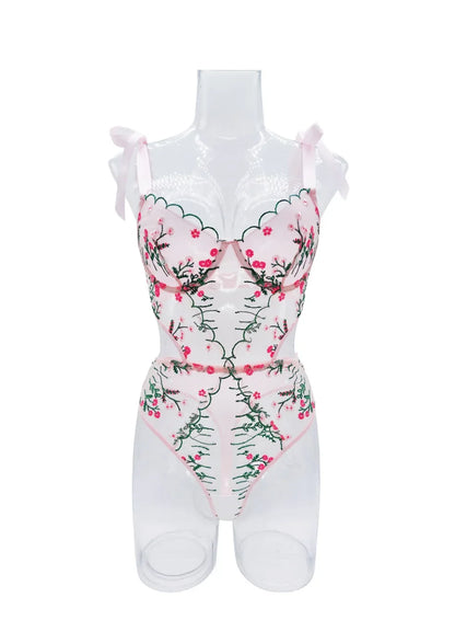 Sexy Pink Floral Embroidery Lingerie Bodysuit Hollow Out Strap Bow Tie Underwear Playsuit Backless Patchwork Mesh Erotic Romper.