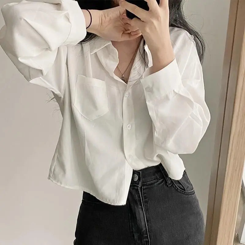 Long Sleeved Shirt And Blouse Simple Single Breasted Loose Casual Solid OL Trend Short Top Simple Elegant Fashion Women Clothes.