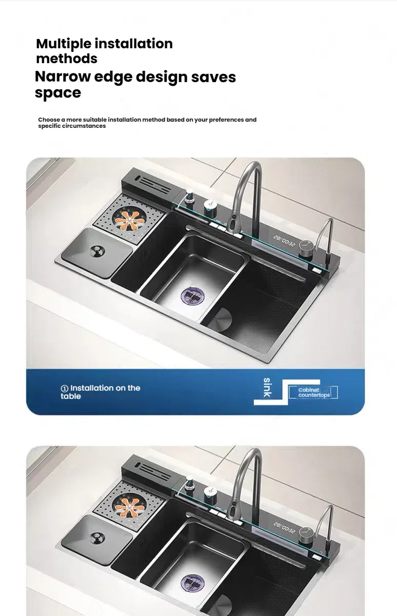 Large Single Slot Waterfall Stainless Steel Kitchen Sink With a Knife Holder and Trash Can Household Vegetable Washer Basin